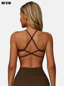 MFVIM Women's Brown Sports Bra, Criss-Cross Strap Backless Design Sexy Wireless Sports Bra, Supportive, Breathable, Soft And Stretchy Fabric, Suitable For Commuting, Outdoor, Running, Cycling, Yoga, Pilates, Gym Workout - Coffee Brown - View 4