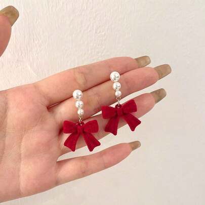 Korean Simple Red And Black Bow Pearl Plush Elegant High-End Design Earrings Christmas Decorations Home Christmas Gifts Christmas Decor