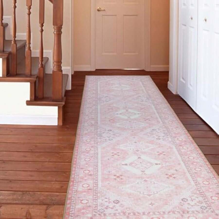 Runner Rug, Pink Boho Design, Hallway Decor, Holiday Party Decor, Ideal For Entryway, Living Room, Bedroom, Dining, Bathroom, Kitchen, Laundry Room, Best For Gifts, Daily Decoration - 顏色1 - 查看 1