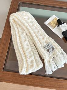1pc New Autumn/Winter Series Double-Twist Knitted Wool Scarf With Tassels And Narrow Stripes - Multicolor - View 3