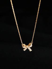 1pc Fashionable Niche Bow Tie Necklace, Accessory For Girls' Daily Wear - Gold - View 1