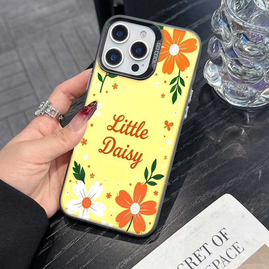 Colorful Silver Apple Phone CaseCute Little Daisies On A Yellow BackgroundCompatible With 11 To 17 Models The Cases Lens Protection Function Ensures The Camera Remains Undamaged During Shooting Guaranteeing Image Quality - Black - View 1