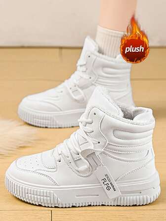 Women's Casual Sports Shoes, New High-Top Skateboard Shoes, Women's Flat Round Toe Slip-On Sneakers, White Breathable Deodorizing Personalized Street Style Shoes, Unisex Motorcycle Boots For Outdoor Travel, Winter Warm Plush Lined Snow Boots For Men And Women