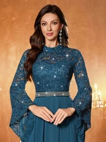 MIUSOL 亮片花卉蕾丝高领喇叭袖荷叶边雪纺正式派对长裙，优雅春季款 - 霧霾藍 - 查看 10