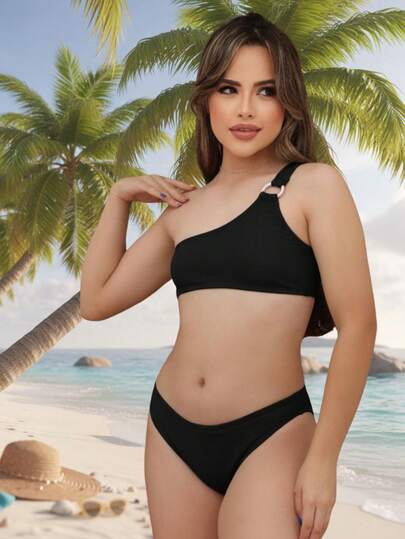 Conjunto de Biquíni Juvenil Com argola metálicaLigado para Menina Pré-adolescente, Praia de Verão cores sólidas texturizado para meninas adolescentes modo praia piscina, verão 2025