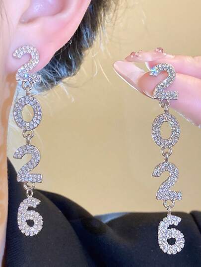 1 Pair Metal Crystal 2026 New Year Earrings, European & American Style Personalized Fashion Long Tassel Earrings For Women & Girls, Travel, Wedding, Party, Birthday, Christmas Gift 2025