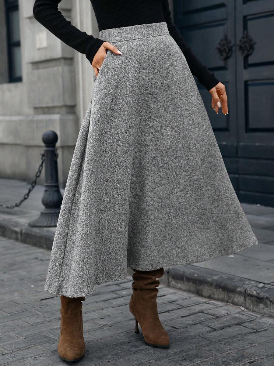 Chân váy xòe Mobula Sound Casual Elegant, cài nút và khóa kéo, đa năng cho mùa xuân/thu, phù hợp cho các dịp thường ngày, trang trọng, hẹn hò, đám cưới, chụp ảnh. - Xám - Xem 1