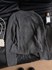 Women's Casual V-Neck Bow Contrast Color Cardigan, Sweet And Gentle Elegant, Fitted Long Sleeve Cardigan, Suitable For Winter, Christmas, Spring Festival New Year - Grey - View 6