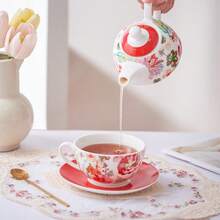 MBB 1 zestaw herbaty dla jednej osoby, zestaw herbaty ceramicznej z kwiatowym wzorem dla jednego czajniczka i filiżanki, kolorowy zestaw herbaty prezent dla kobiet i mężczyzn, porcelanowy zestaw herbaty z kwiatowym wzorem i spodkiem z pokrywką, dekoracyjny biały, podstawowy, zabytkowy czajniczek z porcelany kostnej prezent dla kobiet do domu i biura, atrakcyjny, wielokrotnego użytku, ręcznie robiony prezent, czajniczek w stylu europejskim, zestaw filiżanek do herbaty ze spodkiem, różowy, pomarańczowy, zielony, żółty, dostępne inne kolory