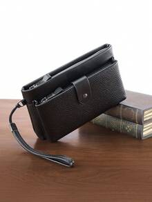 HOVI'S 21.5cm PU Leather Men's Clutch Bag, Large Capacity Handbag With Zipper Compartment, Wrist Strap And Multiple Pockets, Suitable For Phone, Wallet And Essentials, Black Wallet, Great Christmas Gift For Men - Black - View 2