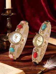 1pc Vintage Elegant Bracelet With Oval & Round Dial Ladies' Fashion Gold Watch, Roman Numeral Scale, Suitable For Daily Wear, Accessories Matching, Party, Birthday Gift