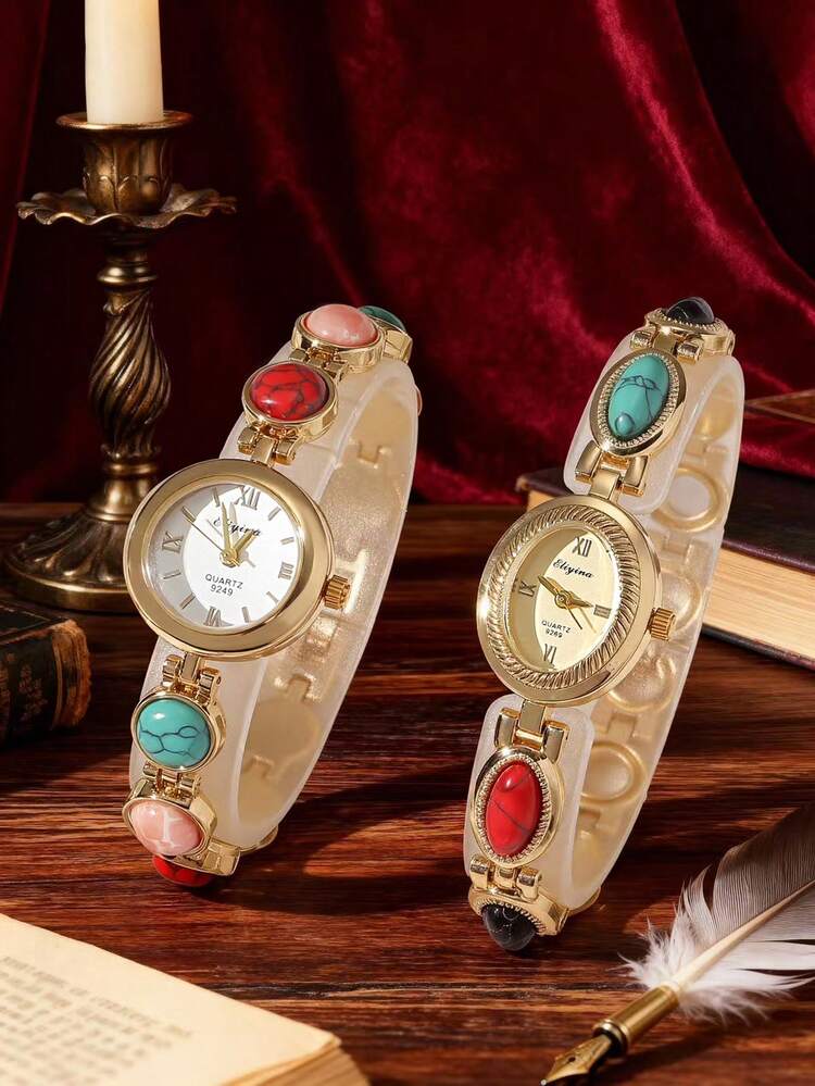 1件复古优雅手链，椭圆形和圆形表盘，女士时尚金色腕表，罗马数字刻度，适合日常佩戴、配饰搭配、派对、生日礼物 - 均碼 - 查看 7