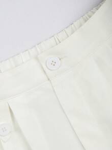 Blusa de manga larga negra con cuello de corbata a lunares, decoración de botones dorados en escote en V + Pantalones rectos de cintura elástica, conjunto casual elegante para el trabajo - Blanco y Negro - Ver 8