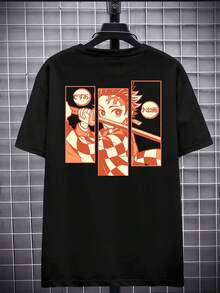 Kimetsu No Yaiba Tanjiro T-Shirt Premium Cotton, Relaxed Fit, Street Hip-Hop, Unique Graphic Print, Double-Sided Printing - 黑色 - 查看 3
