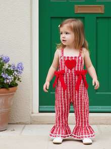 Baby Girl Overalls Sleeveless Heart Embroidery Jumpsuit Flare Suspender Pants Valentines Day Outfit - 紅色 - 查看 5