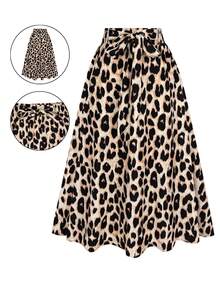 女士优雅波西米亚豹纹印花半身裙，配腰带，梭织面料，适合休闲、度假、乡村风、海滩装扮 - 彩色 - 查看 3