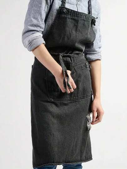 Denim Apron, Modern And Simple Style Neutral Multi-Pocket Various Wearing Methods Adjustable Ripped Type Smock