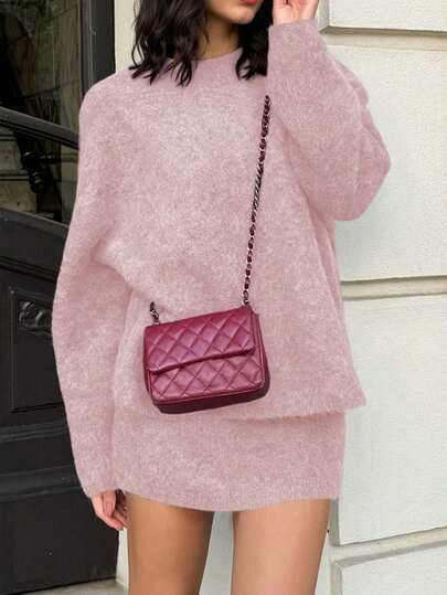 Knit Mix Elegant Women's Fall Winter Knit Sweater Set, Casual Round Neck Long Sleeve Pullover Top, Christmas New Year Thanksgiving Chic Solid Color Two Pieces