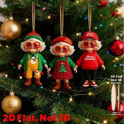 9-teiliges 2D-Weihnachtsornament-Set, bordeauxroter, flacher Auto-Innenraumanhänger aus Holz, Heimdekoration