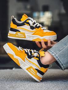 Lightweight Breathable Mesh Fashionable Versatile Thick Sole Height Increasing Men's Casual Sports Shoes, Suitable For All Seasons - 黃色 - 查看 5