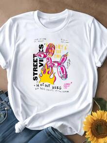 Women Plus Size Shirt Street Vibes Graphic Print Black White Options Flame Bunny Design Motif Text Quote Fashion Casual Summer Wear Shirts Summer Tops Graphic Tees Summer Outfits Women Graphic Tees Women Crop Tops Tops Women Vintage Cotton Cute Clothes Women - 白色 - 查看 2