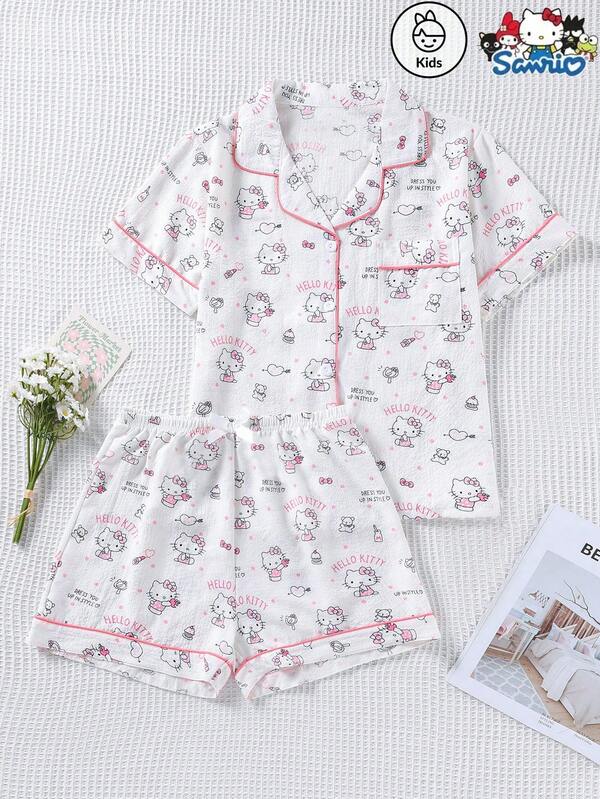 Sanrio Set de 2 piezas de cárdigan con cuello polo y bolsillos para niñas preadolescentes de Sanrio, con estampado de lunares, corazones y Hello Kitty, decorado con moños, conjunto de ropa de dormir casual y cómoda con top y shorts