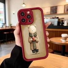 Cubierta de teléfono con borde negro y diseño de oso con bufanda y taza de café para uso diario en cafeterías Aplicable a los teléfonos de la serie Apple y Galaxy - Burdeos - Ver 2