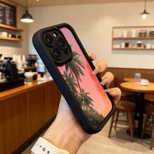 Funda de teléfono con borde protector negro color rosa con estampado de palmeras y atardecer para uso diario en cafeterías Aplicable a los teléfonos de la serie Apple y Galaxy - Burdeos - Ver 6