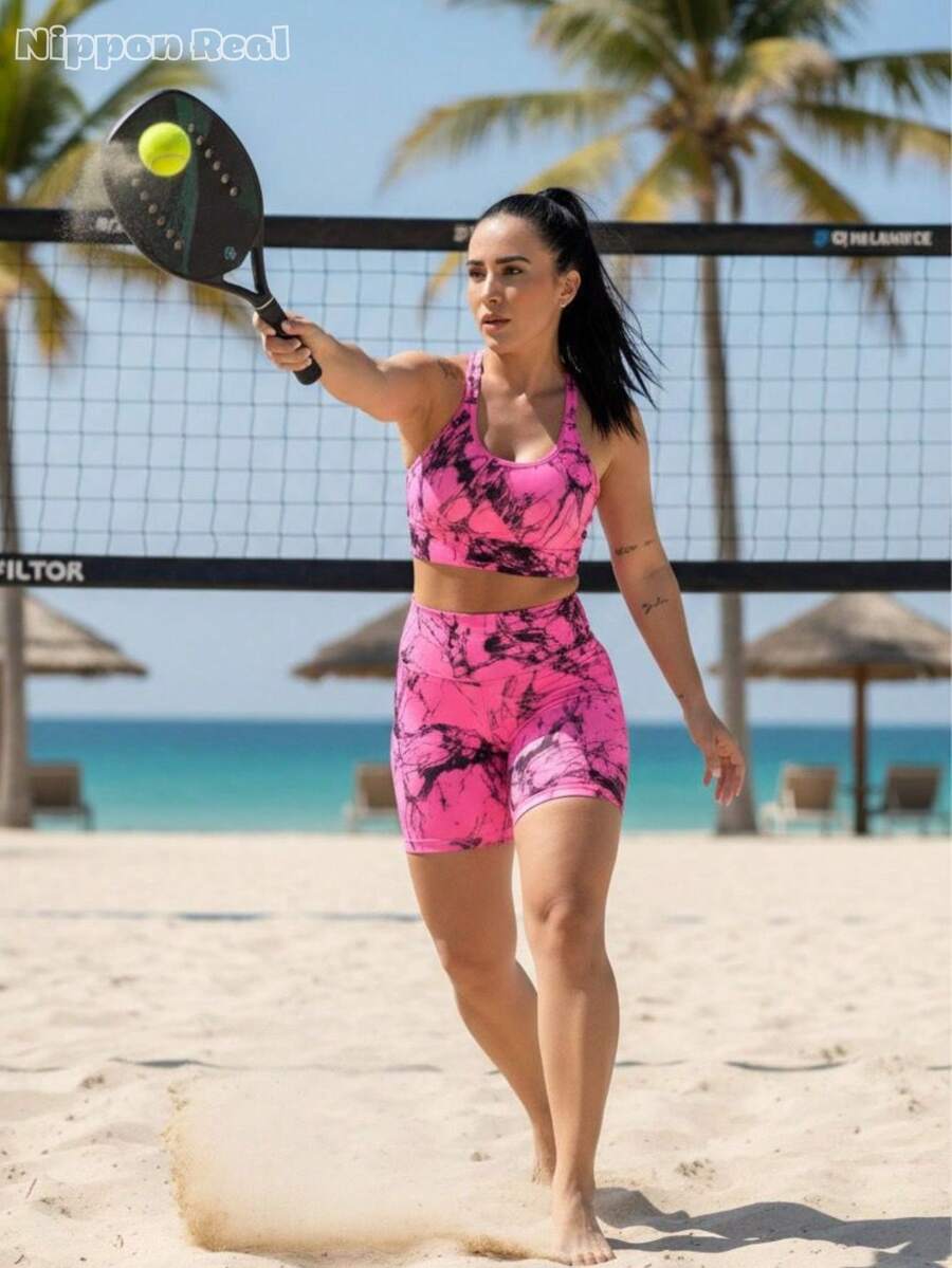 Gym Shorts Set Fitness Top And Shorts Workout Running Bike Basic - Màu Hồng Tươi - Xem 1