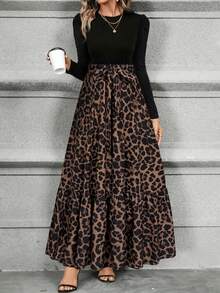 Christmas Women's Elegant A-Leopard Print Dress With Puff Sleeves & Bow Detail - Round Neck, Machine Washable, Spring Summer Casual To Semi-Formal Wear, Seasonal Fashion, Feminine Style, Lightweight Fabric, Stylish Women - Brown - View 2