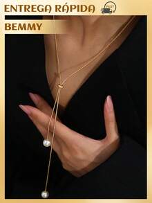 BEMMY Necklace With Y-Shaped Pearl Pendant, Adjustable Metal Alloy Necklace, Suitable For Women's Parties, Vacations, And Photo Shoots. - Vàng - Xem 1