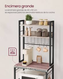 VASAGLE Estantería para Panadería con Toma de Corriente, Soporte de Microondas, Estantería de Cocina, Alambre de Metal, 14 Ganchos, 40 x 60 x 170 cm, Greige y Negro - Gris beige - Ver 5
