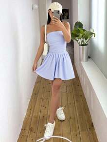 Vestido corto rosa elegante y sexy para mujer, sin tirantes, corte en A, con bajo plisado y cintura ajustada, confeccionado en tejido plano. - Azul - Ver 9