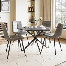 Dining Table And Chairs Set Of 2/4, Folding Round Dining Table With 2 PU Leather Chairs For Dining Room,Kitchen,Living Room - 灰色圓桌+4灰色橫線椅 - 查看 8