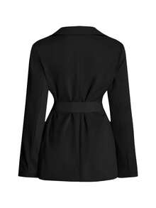 女士两件套西装，纯色休闲优雅腰带仿口袋设计，适合正式场合、约会、秋冬季黑色春季穿着 - 黑色 - 查看 4