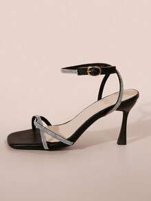 Giày sandal cao gót mũi vuông kiểu cổ tích dành cho nữ, giày cao gót nhiều quai đính pha lê Pháp thời trang, thanh lịch và sang trọng, phù hợp với trang phục mùa xuân hè. - màu đen - Xem 8