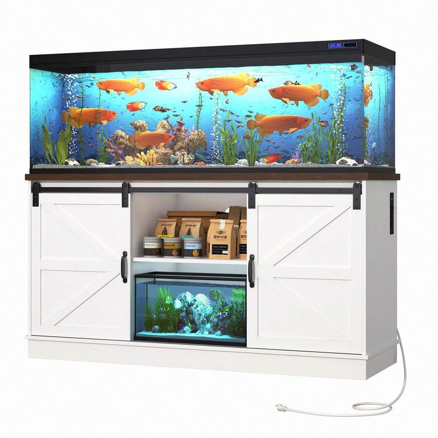 Farmhouse 75-120 Gallon Fish Tank Stand With Power Outlet, Aquarium Stand W/Cabinet&Sliding Barn Door, Heavy Duty Reptile Tank Stand For Fish/Turtle/Reptile Terrarium, 1000LB Capacity - White - View 1