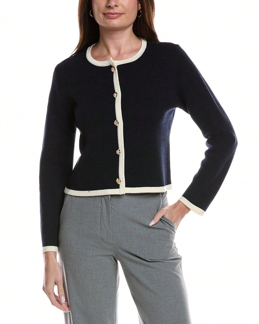 Bruno Magli Tipped Merino Wool Cropped Jacket - Navy - 查看 1