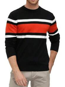 Mens Striped Pullover Sweater Crewneck Contrast Fine Knitted Sweaters - Đen-đỏ-trắng - Xem 12