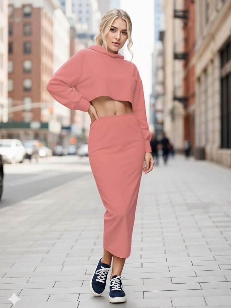 Set de Dos Piezas de Invierno: Sudadera Crop Holgada de Manga Larga con Falda Larga Ajustada para Mujer de Tela Terry - Rosa - Añade 3