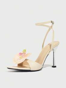 女士高跟鞋，时尚百搭，适合春夏派对、聚会、户外活动、时装秀、优雅宴会等场合。电镀银色，尖头设计，闪亮夺目，3D兰花腰部设计，穆勒鞋款式，高品质镜面纯色材质，性感交叉踝带，舒适优雅，奢华美丽的杏色高跟鞋，适合通勤、圣诞节、情人节、秋季穿搭。 - 杏色 - 查看 4