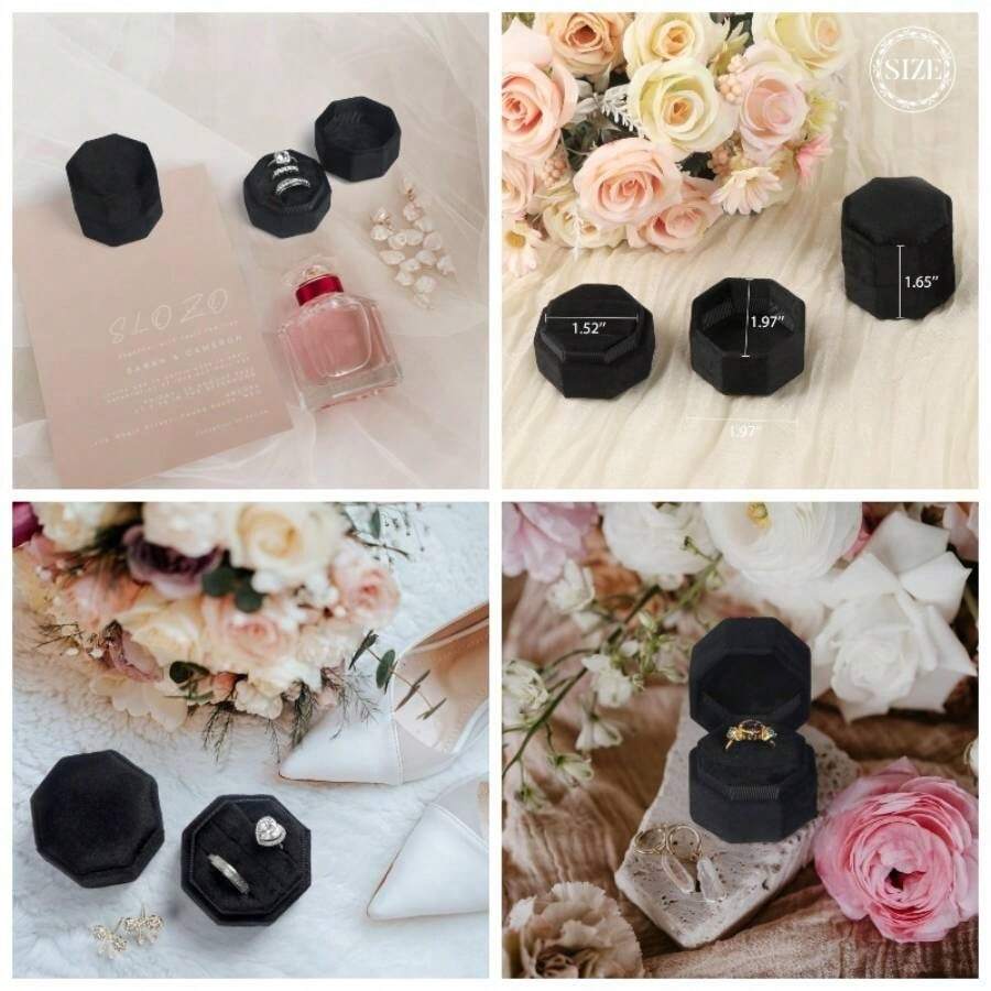 Velvet Ring Box, 3 Slots Octagon Jewelry Ring Box Vintage Ring Display Holder Case Wedding Ceremony Proposal Engagement Pearly White - 黑色 - 查看 1
