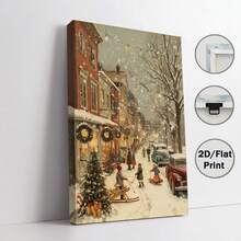 12x16 英寸无框复古圣诞小镇帆布海报 - 冬季仙境墙壁艺术，带有雪橇场景、雪景街道和节日装饰，现代节日家居装饰，适合客厅、卧室、办公室 - 完美的礼物创意，圣诞墙壁艺术，最适合圣诞节 - 彩色 - 查看 12