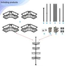 4-Layer Shower Storage Rack, Tension Bar Shower Storage Rack, 4-Layer Adjustable Shower Storage Rack, Easy To Install Without Drilling Holes, Black Floor Vertical Corner Rack, Suitable For Bathtub Shampoo Accessories, Bathroom Storage And Storage - Black - View 2