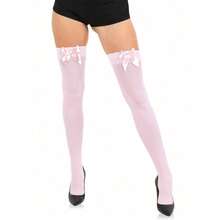 1 Pair Simple Bow Over-The-Knee Stockings, Smooth & Soft - 珊瑚粉 - 查看 2