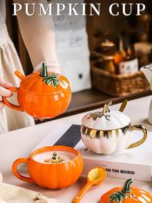 3件套（1个杯子、1个盖子、1个勺子）可爱南瓜牛奶杯、个性化水杯、带盖陶瓷早餐燕麦杯套装、咖啡杯、圣诞前夜带盖陶瓷南瓜造型杯、茶杯、家用陶瓷杯 - 彩色 - 查看 2