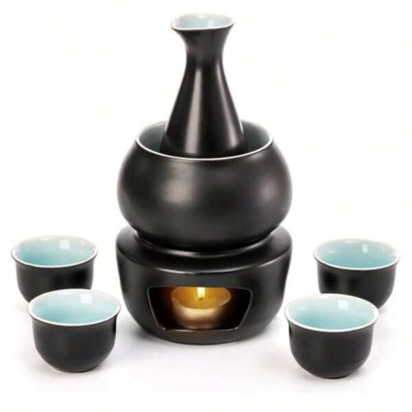 Ceramic Sake Set With Warmer Sake Warmer Wine Warmer Hot Wine Flask Set Including 1 Stove 1 Warming Bowl 1 Sake Bottle And 4 Sake Cups For Storing Sake