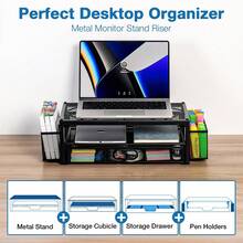 带抽屉和笔筒的电脑显示器支架，双层金属显示器增高架，桌面收纳架，带储物功能的显示器支架，适用于台式电脑、笔记本电脑和打印机 - 彩色 - 查看 6