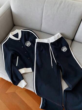 Conjunto deportivo de dos piezas para mujer: chaqueta cómoda de manga larga con botones + pantalones de pierna ancha con cintura elástica