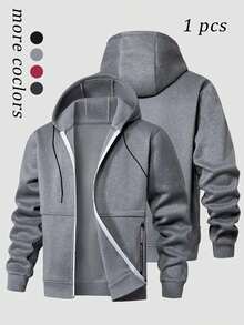 1pc Men's Hooded Fleece Jacket, Zipper Closure Solid Color Sports Sweatshirt For Casual Outdoor Wear,Winter